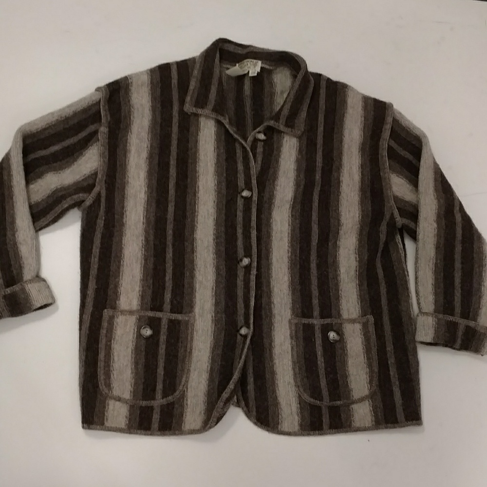 Vintage Knitwear Striped Sweater Cardigan Jacket Boxy Neutral Natural Wool UK - Picture 6 of 10